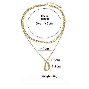 Détails du collier double couche doré montrant les longueurs de 36 cm et 44 cm