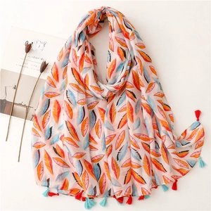 Écharpe à Imprimé Plumes de Style Japonais pour Femmes Châle à Glands en Fil de Bali Léger Écharpe de Protection Solaire