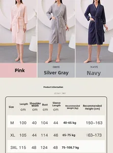 Size chart for waffle texture long-sleeve bathrobe in pink, grey, and navy colors