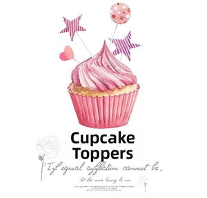 Close-up of watercolor Happy Birthday cake toppers with hearts and stars on a cupcake