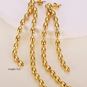 Elegant 7cm gold titanium steel drop earrings with metallic bead tassels and minimalist design
