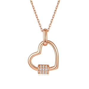 Detailed close-up of S925 silver heart necklace in rose gold with pavé moissanite stones