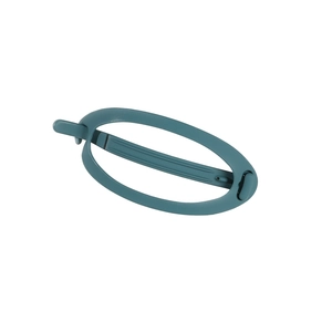 Macro shot of large oval matte dark teal hair claw clip showing internal structure