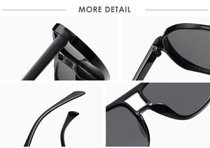 Detailed views of thick-framed aviator sunglasses showing metal hinges and black finish