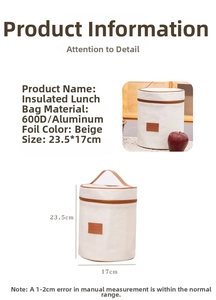 Dettaglio della borsa termica beige in oxford 600D, dimensioni 23,5x17cm e foglio di alluminio