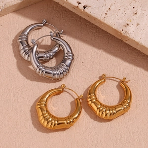 Chunky Hoop Earrings 18K Gold Plated Stainless Steel Hollow Ribbed Textured Retro Minimalist Niche Jewelry For Women