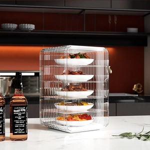 Five-tier transparent food cover with striped texture and stable white base for kitchen