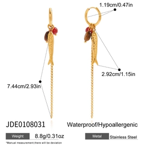 Detail of stainless steel fish tassel earrings with brown agate beads and size markings