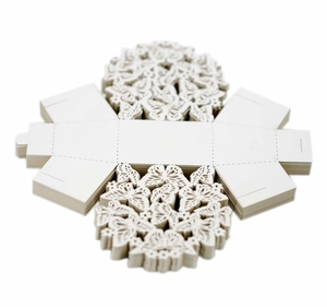 Flat view of laser-cut butterfly and floral patterns on white paper gift boxes