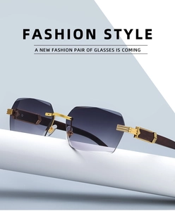 Detail view of gradient purple lenses with golden metal accents and wood grain temples