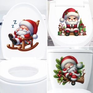 Christmas Santa Claus Toilet Lid Stickers Waterproof PVC Removable Bathroom Wall Decals Holiday Home Decorations Cartoon
