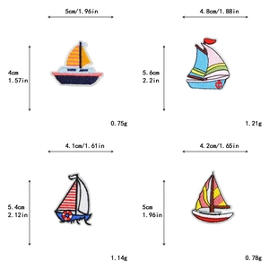 Detailed size specifications for four colorful pirate ship and sailboat embroidery patches
