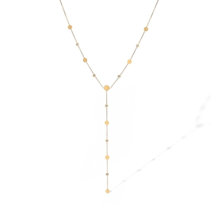 Detailed view of the 18K gold plated Y-shaped necklace with zircon heart and round discs