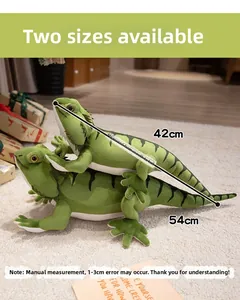 Green plush bearded dragon toy shown in two sizes on a soft carpet for size comparison