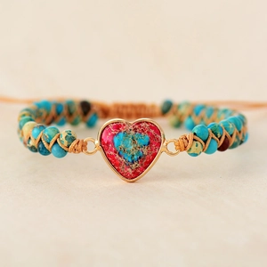 Handmade bohemian adjustable bracelet featuring heart-shaped natural stone and braided wax rope