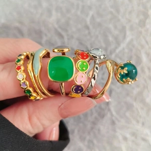 Stackable colorful enamel gold plated adjustable rings set for women in minimalist style