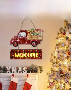 Festliches Weihnachts-Willkommensschild aus Holz mit rotem Karotruck und LED-Licht