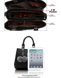 Black pebble leather handbag featuring triple compartments and iPad size comparison