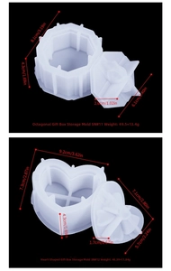Detailed size specifications for octagonal and heart-shaped silicone storage box molds