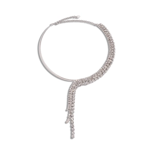 Elegant silver necklace with sparkling rhinestone tassels and a sleek circular choker