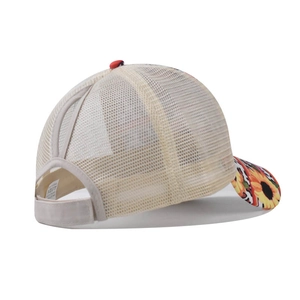 Detail of high ponytail opening and adjustable velcro closure on floral baseball cap