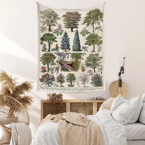Detailed botanical plant illustration tapestry in vintage French style hanging on bedroom wall