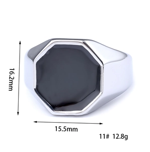 Men's silver stainless steel octagonal ring with black sand finish center inlay