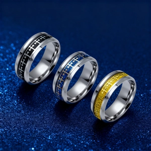 Men's vintage stainless steel cross rings in silver with black, blue, and gold inlay