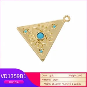 18K gold plated brass triangle evil eye pendant with blue bead and 22mm length