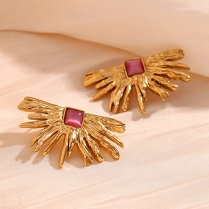 Irregular Starburst Stud Earrings Stainless Steel 18K Gold Plated Square Gemstone Vintage Artistic Jewelry For Women