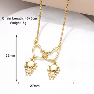 Detail view of interlocking hearts and girl pendants necklace with size specifications