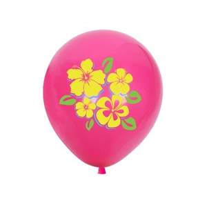 Hawaiian theme pink latex balloon with yellow hibiscus and green palm leaves