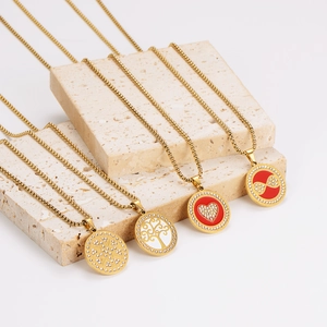 Gold-plated stainless steel necklaces with zircon heart, tree of life, and flower pendants