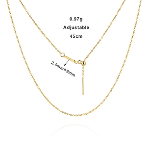 Macro shot of 45cm adjustable S925 sterling silver gold necklace with weight and size details