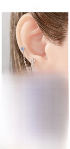 Detail of double piercing earring featuring heart zircon, cross stud and fine silver chain