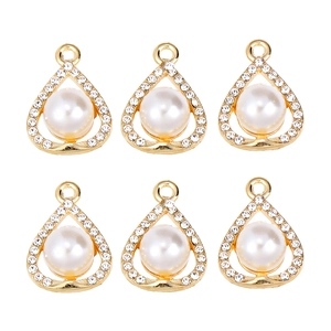 Set of six gold teardrop pendants with white pearls and sparkling zircon halo