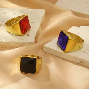Square Gemstone Stainless Steel Signet Ring Gold Plated Zircon Hip Hop Rock Jewelry For Men Unisex Vintage Bold