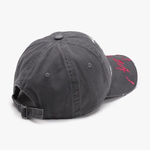 Charcoal grey vintage cotton baseball cap with red embroidery and metal adjustment buckle