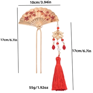 Traditional Chinese fan hairpin with red flower and tassels for bridal wedding accessories