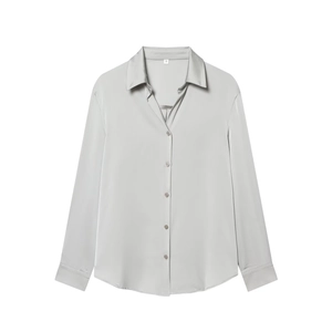 Elegant silver satin long sleeve shirt with a premium silk texture and button-up lapel