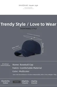 Detailed size chart of a navy blue distressed baseball cap with adjustable strap buckle
