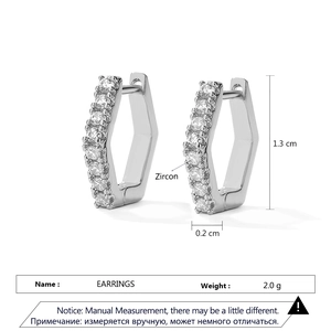 Silver geometric hexagon hoop earrings with micro-set zircons and precise dimensions