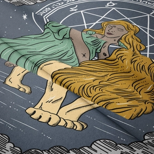 Macro detail of zodiac tapestry fabric featuring mystical tarot patterns and soft velvet texture