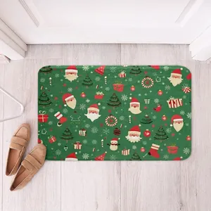 Detail of Christmas themed plush rug with Santa, tree, and snowflake patterns