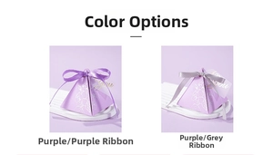 Detailed view of pyramid-shaped purple gift boxes with floral patterns and satin ribbons