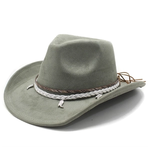 Faux suede western cowboy hat in olive grey with decorative bands and silver boot charm