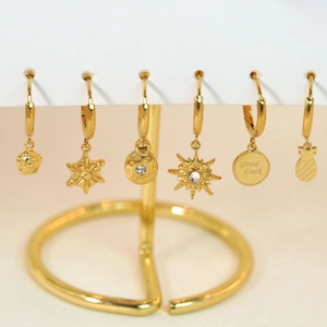 6-piece 14K gold-plated stainless steel earrings set with sun star and shell pendants