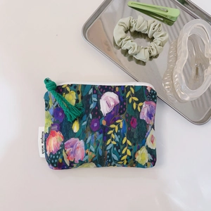 Floral oil painting cotton pouch with zipper and green decorative rope for storage