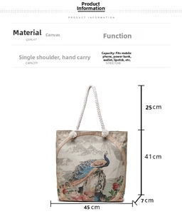 Detail view of ethnic peacock canvas tote bag showing exact measurements and rope handles