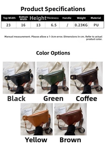 Detailed size chart and product parameters for stylish PU leather crossbody chest bags